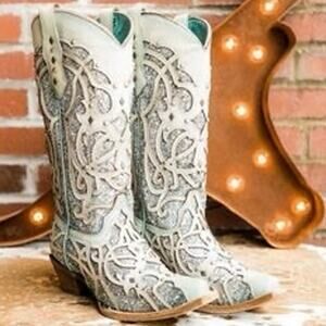 Corral Women’s Chameleon Turquoise/Cream Glitter  Snip Toe Western Cowboy Boots
